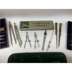 Negretti & Zambra drawing instrument set, the ruler with manuscript name 'F/Sgt. F. Hamilton R.A.F. 194(?)', cased; four other drawing instrument sets by Anker-Precision Germany, EcoBra, Temple etc, all cased; and quantity of loose drawing instruments