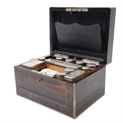Victorian coromandel vanity box, revealing fully fitted interior with partial en suite vanity set, leather document pocket, the concealed draw accessed by pin mechanism, H18.5cm x W31.5cm x 23cm 