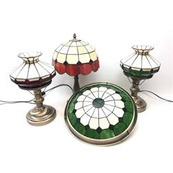  Pair brushed metal table lamps with Tiffany style red and green shades, similar centre light fitting and table lamp H48cm max (4)  