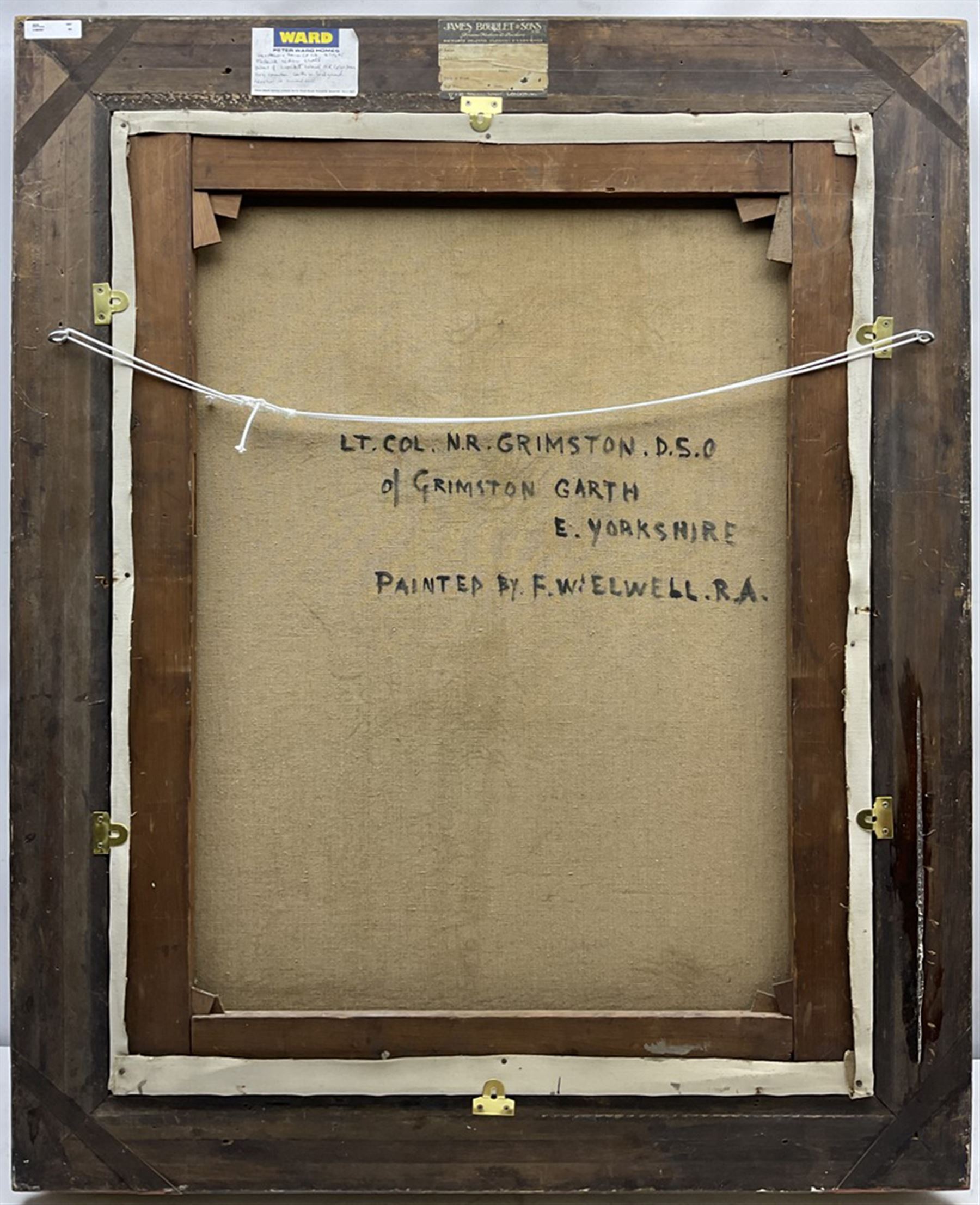 Frederick (Fred) William Elwell RA (British 1870-1958): 'Lt. Col. Norman R Grimston DSO', half length portrait with the family seat Grimston Garth in the background, oil on canvas signed and dated 1948, titled and inscribed verso 90cm x 70cm
Notes: Grimston was held, as part of the manor of Roos, from the mid-12th century by the Grimston family. The manor of Garton with Grimston passed down to Thomas Grimston
of Kilnwick-on-the-Wolds in 1780 who built the present Grimston Garth in 1781-6 as a summer residence. The estate descended in the family to Thomas’s grandson Marmaduke Grimston (1826-1879) the last of the male line. It was through his daughter Rose, wife of George Hobart, that it passed to their daughter Armatrude Rose Sophia Effie Bertie, Lady Waechter in 1927. Lady Waechter, who took the additional name de Grimston, gave the estate to her cousin Norman Grimston in 1946, the last family incumbent who sold the house in 1949
Provenance: East Yorkshire private collection purchased Dee Atkinson and Harrison 16th July 1995 Lot 554