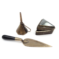  Silver trowel book mark, miniature funnel both hallmarked, triangular pill box stamped 900 and a set of eight Art Deco silver teaspoons Sheffield 1935  