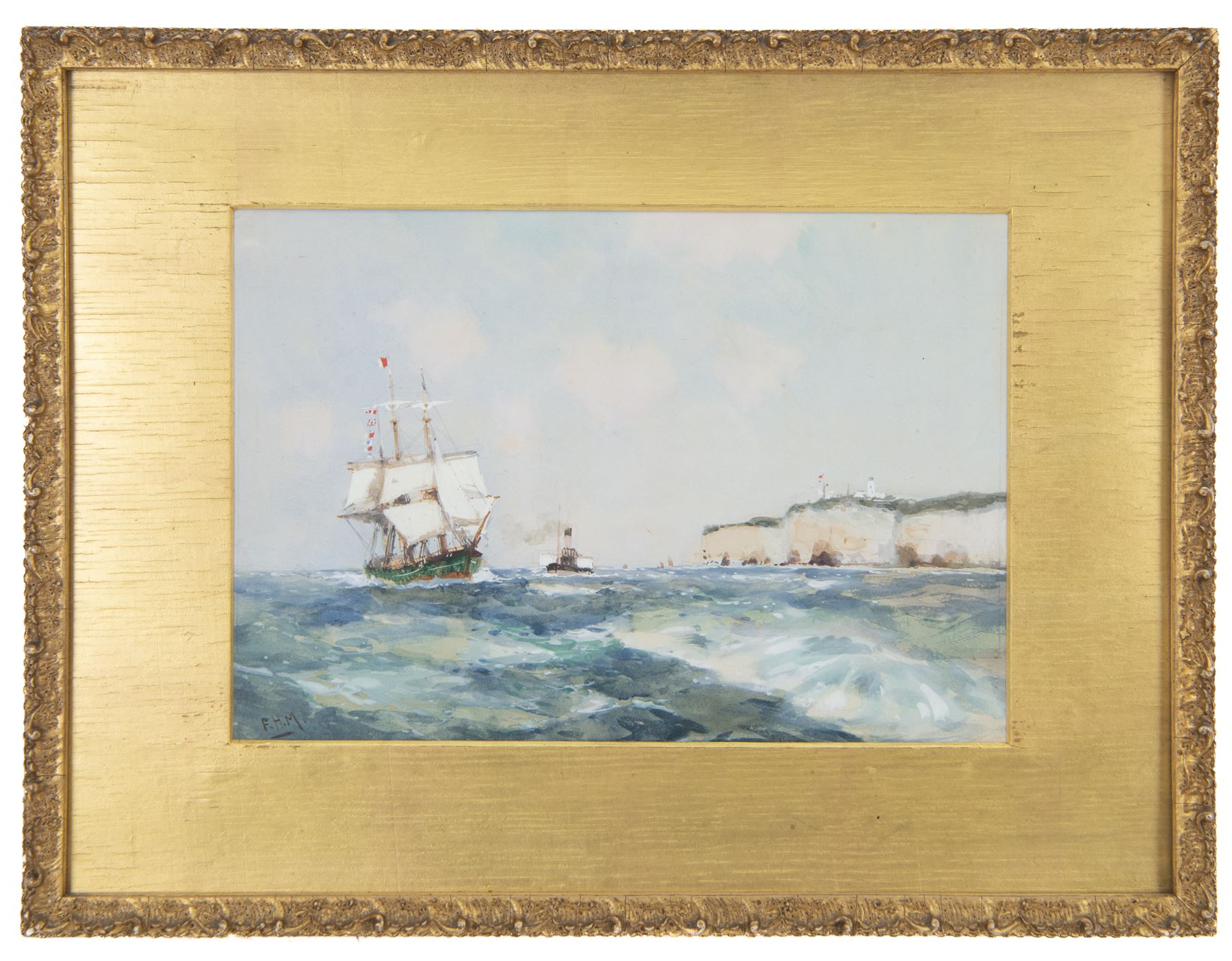 Frank Henry Mason (Staithes Group 1875-1965): Three Masted Sailing Vessel and Paddle Steamer off Flamborough, watercolour heightened in white signed with initials 18cm x 27cm