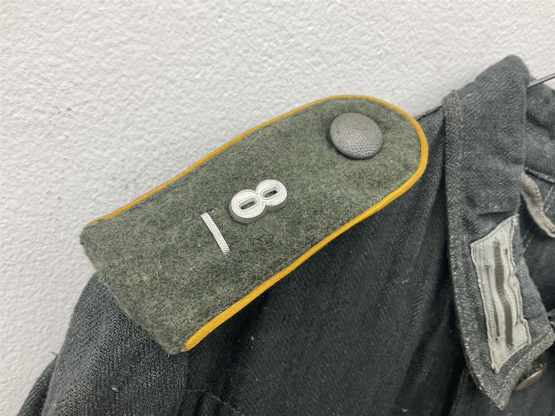 WW2 German Army grey/green herringbone twill four pocket tunic with shoulder tabs for signals regiment, cloth eagle insignia and iron cross ribbon