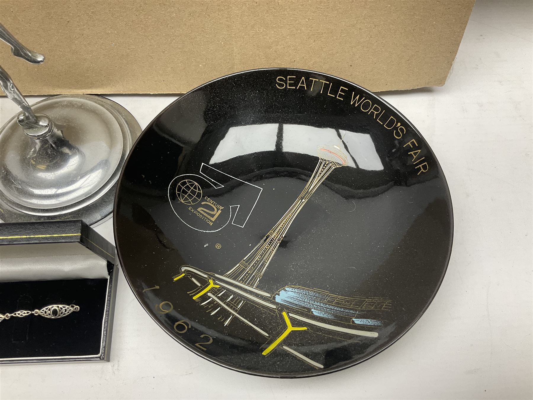 Silver Whitby jet bracelet, Parker Duofold fountain pen with 14ct gold nib, pair of chrome Art deco style candlesticks, wristwatches, costume jewellery and other collectables