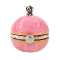 Early 20th century ladies keyless cylinder ball watch, silvered dial with Arabic hour markers and pink guilloche enamel decoration