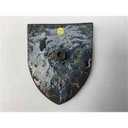 Henry George Murphy (1884-1939), Arts & Crafts enamel panel, of shield form, decorated with three red lions on a white ground, with a yellow and black banner to the centre, H9cm W7.5cm