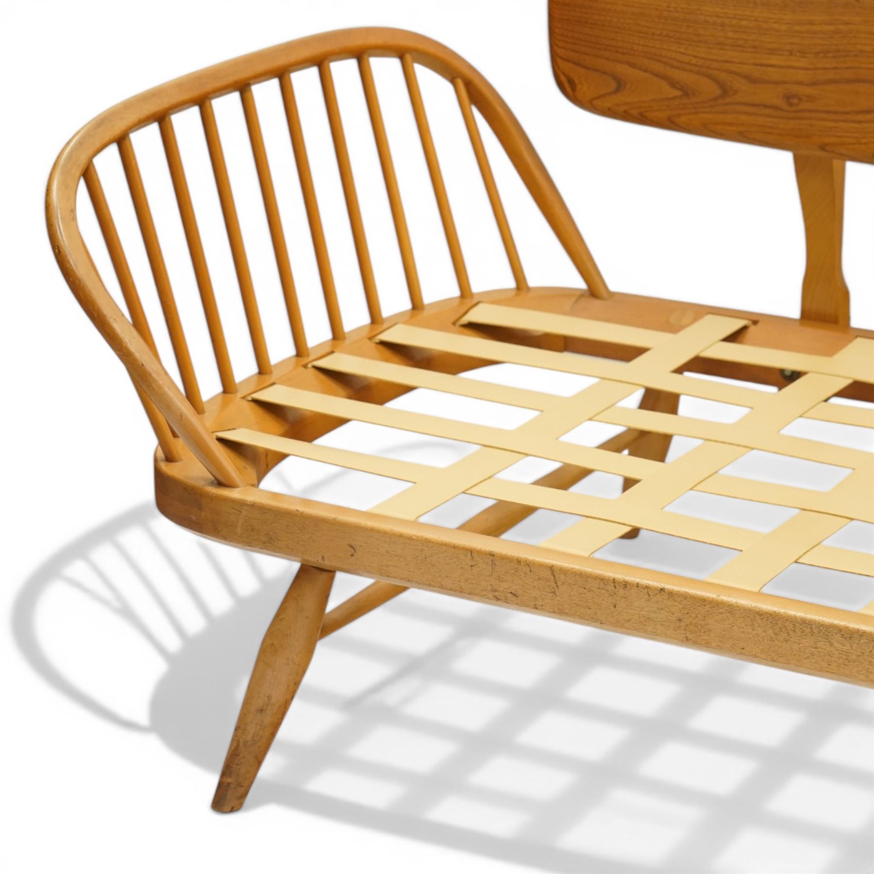 Lucian Ercolani for Ercol - 'Studio Couch' model no. 355, elm and beech framed, with loose tufted pink cushions