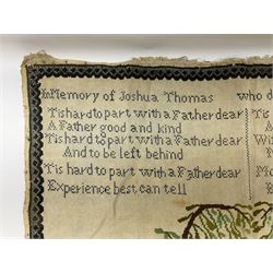 Victorian needlework  picture and verse sampler, 'In memory of Joshua Thomas who died Sep 22nd 1871 age 45', worked by Rebecca Emmott 1872 age 21, H66cm, W61cm 