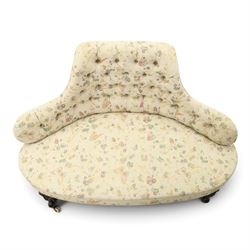 Victorian mahogany frame parlour settee, in back-buttoned floral and butterfly patterned fabric