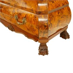 Colombo Mobili - Italian walnut and floral marquetry bombé commode chest, rectangular top with canted eared corners inlaid with urn motif and trailing scrolling foliage, fitted with three long graduating drawers with gilt metal handles, profusely inlaid with scrolling acanthus leaves interspersed with urns and cartouches, on large carved ball-and-claw feet