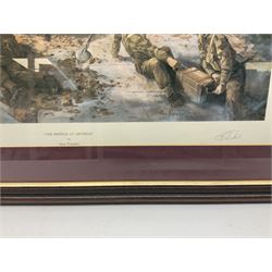 After Alan Fernley, colour print 'The Bridge at Arnhem', signed on the mount, 37 x 50cm; and after John Sellars, colour print 'Pegasus Bridge. Early Morning of D-Day 6th June 1944 Benouville Normandy'; both in mahogany stained frames (2)