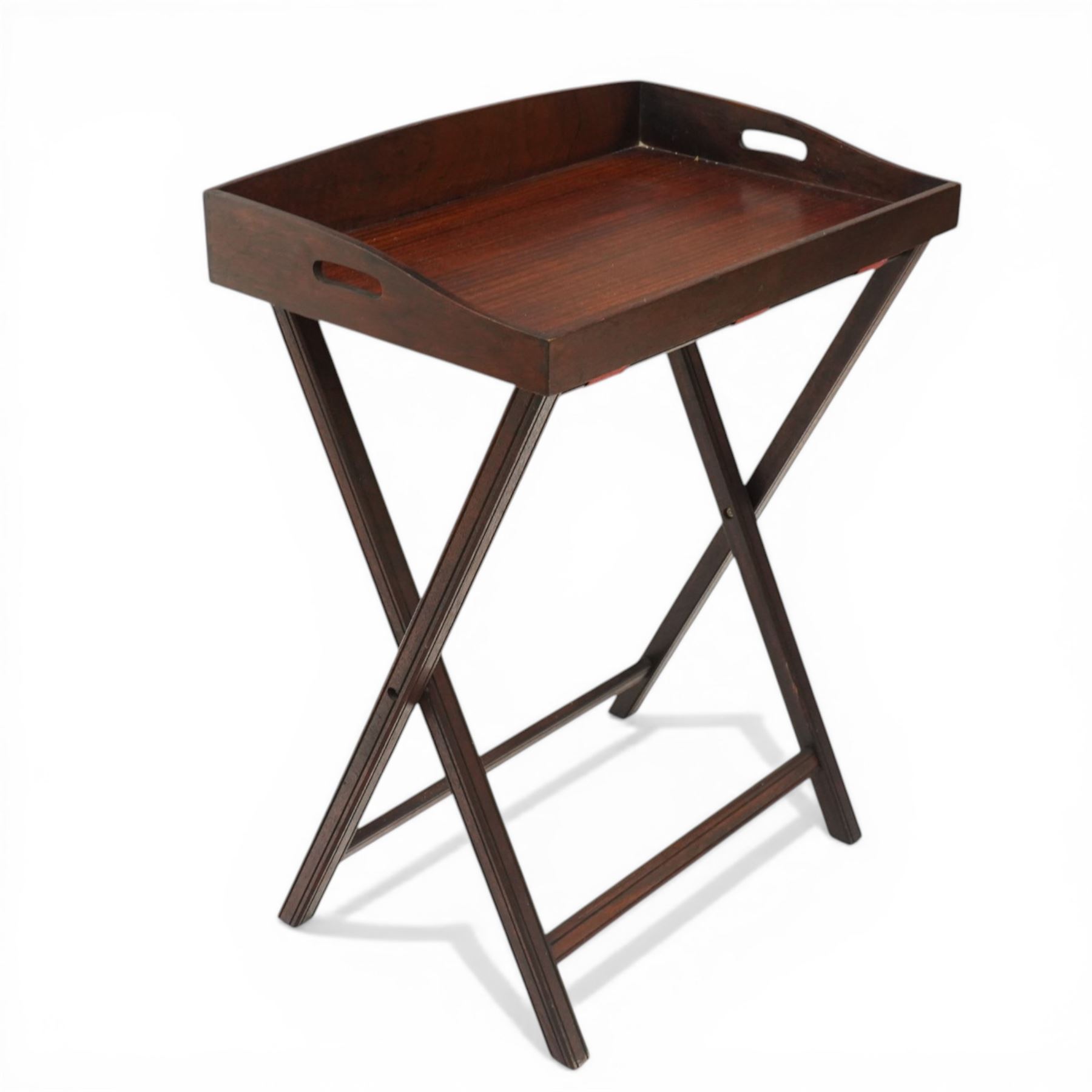 Georgian design mahogany butlers tray on stand, tray top with pierced handles, on a folding X-frame base