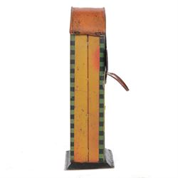 1930s Saalheimer & Strauss Mickey Mouse 'Smile Please' mechanical tin plate money box, depicting Mickey Mouse posing with folded hands to the front and verso as a photographer, above the motto 'If you only pull my ear you will see my tongue appear. Place a coin upon my tongue save your money while you're young', marked to one side 'By exclusive arrangement with Ideal Films Ltd. All rights reserved. Registered No 508041', with key, H17cm

