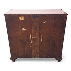Regency mahogany secretaire cabinet, rectangular top over fitted secretaire drawer enclosing a tooled leather writing surface and pigeonholes, above a pair of panelled cupboard doors, raised on bracket feet