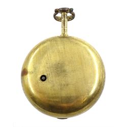 George III gilt metal, triple cased verge fusee pocket watch, for the Turkish market by Benjamin Barber, London, No. 6187, tulip pillars, pierced and engraved balance cock decorated with a classical urn, white enamel dial with Turkish numerals, the outer tortoiseshell case, with pique work borders