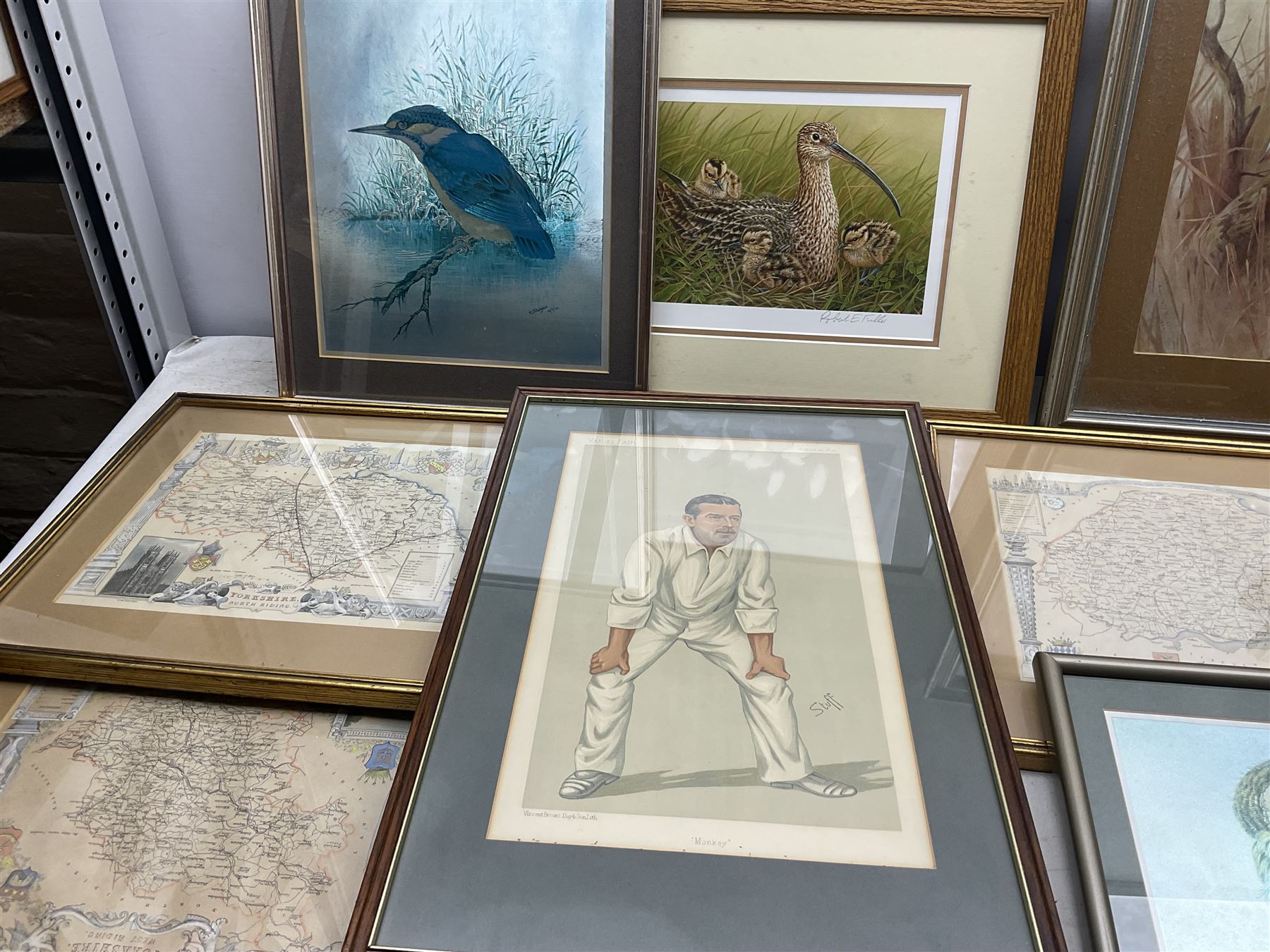 Collection of pictures, prints and maps, including Robert Fuller, W Forbes, Jeff Beaumont etc in one box