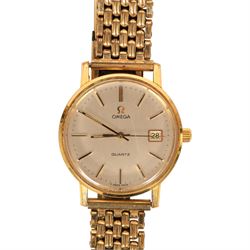 Omega quartz gold plated wristwatch, with presentation engraving to stainless steel back, on a rolled gold Monvil strap