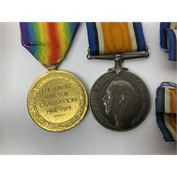 WWI pair of medals comprising British War Medal and Victory Medal awarded to 32682 Pte. W. Meadows W. Rid. R. in issue box; WWI pair of medals comprising 1914-15 Star and Victory Medal awarded to 3720 Pte. (later Cpl.) E. Petty W. York. R. with issue letter from Tank Corps; WWII group of five medals comprising 1939-45 War Medal, Defence Medal and 1939-45, Italy and Africa Stars; all with ribbons; and book of nineteen seaman's Certificates of Discharge to cook Charles Filburn 1893 - 1901 from various British ports
