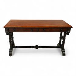 Victorian mahogany hall table, rectangular top with moulded edge over two frieze drawers with turned knob handles, raised on ring turned legs with bun feet, united by a ring turned stretcher