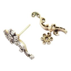 Pair of early 20th century 9ct gold and silver, old cut and rose cut diamond foliate stud earrings