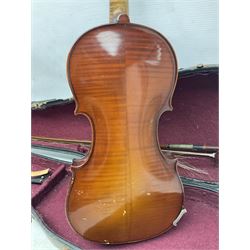 German trade violin 1950s with 36cm two-piece maple back and ribs and spruce top, bears label 'Johann Stainer in Absam prope Oenipontum 1650' L59cm; in carrying case with bow impressed Tourte