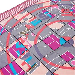 Hermès - ‘Hermès Sport’ silk scarf, designed by Anamorphée, first issued 2013, grey, burgundy, pink, blue and salmon colourway with hand-rolled edges