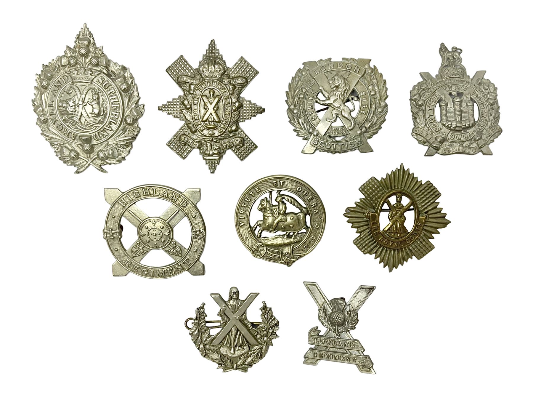 Nine Scottish glengarry badges - 6th Fifeshire Volunteer Battalion Black Watch, Lowland Regiment, Highland Regiment, Black Watch, Argyll & Sutherland Highlanders, Kings Own Scottish Borderers, Cameron Highlanders, The Royal Scots and London Scottish (9)