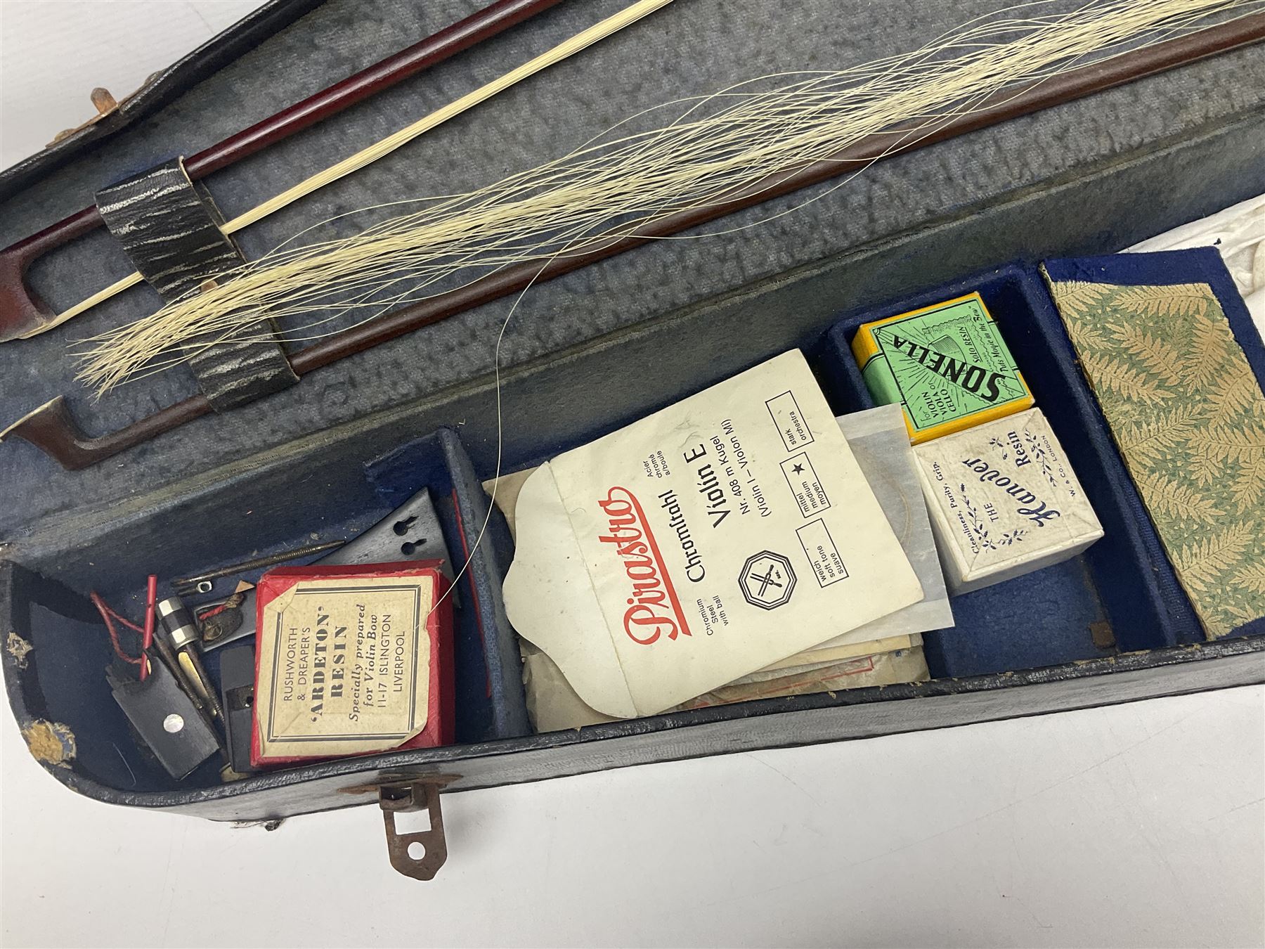 German trade violin c1900 with 35.5cm two-piece maple back and spruce top; bears label 'Made in Germany Apollo Class 6 No.2132' L59cm; in carrying case with two bows