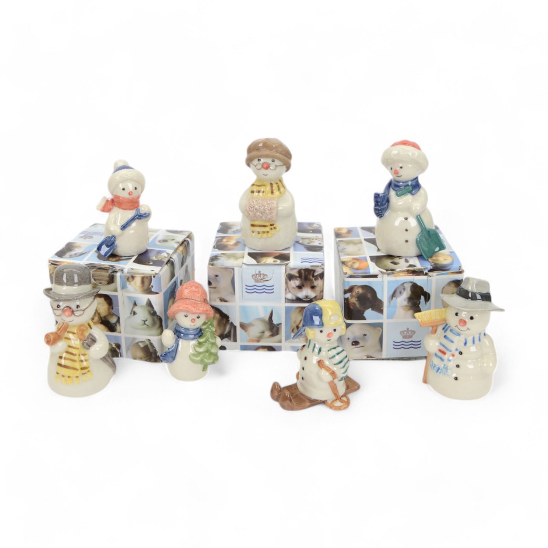 Royal Copenhagen, seven Snowmen figures from the Mini Collection includes 766,772, 769, 768, 771,770 and 767, all with boxes 