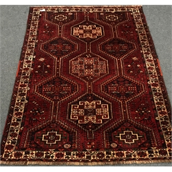  Persian red ground rug, geometric pattern field, repeating border, 238cm x 162cm  