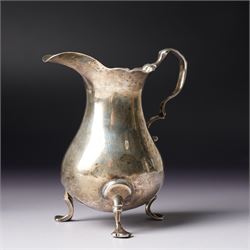 George III silver cream jug with crimped rim and scroll handle, Victorian silver cream jug with embossed decoration Birmingham 1888 and three silver golf spoons Birmingham 1961