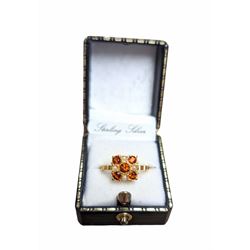 Silver-gilt faux pearl and orange stone ring, stamped Sil, boxed