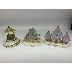 Twelve Coalport bone china pastille burner cottages, to include Fortune Towers, Summer Palace, The Vinery, Springtime Cottage, Dream Villa, Half Moon House, etc, all with original boxes and some with certificates 
