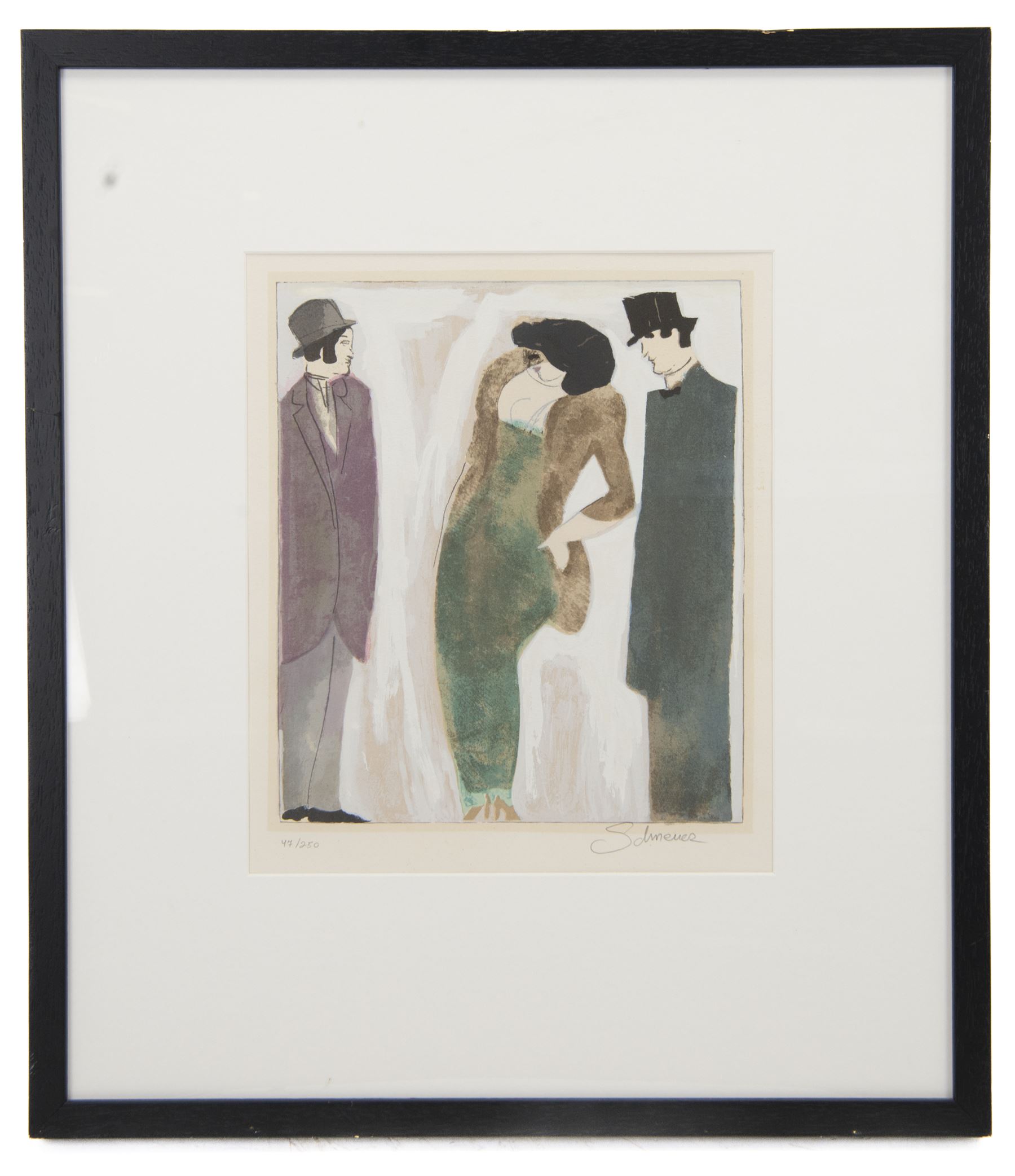 David Schneuer (Austro Hungarian 1905-1988): Lady in the Green Dress, limited edition serigraph signed and numbered 27/250 in pencil 33cm x 28cm
Notes: Schneuer who emigrated to Israel, was well known for his paintings and serigraph prints of cafe scenes and depictions of the German and Parisian social scene in the 1920's. His expressionistic style is evident as he creates scenes filled with a party-like atmosphere, constantly exploring sex and eroticism