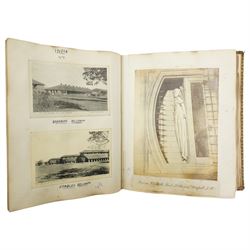 Early 20th century photograph album and contents of approximately 200 photographs and postcards including Alexandra Palace, Isle of Wight, views of Belgaum, India 1917, Palestine and Syria 1917-1919 etc, number of military glass slides and loose photographs