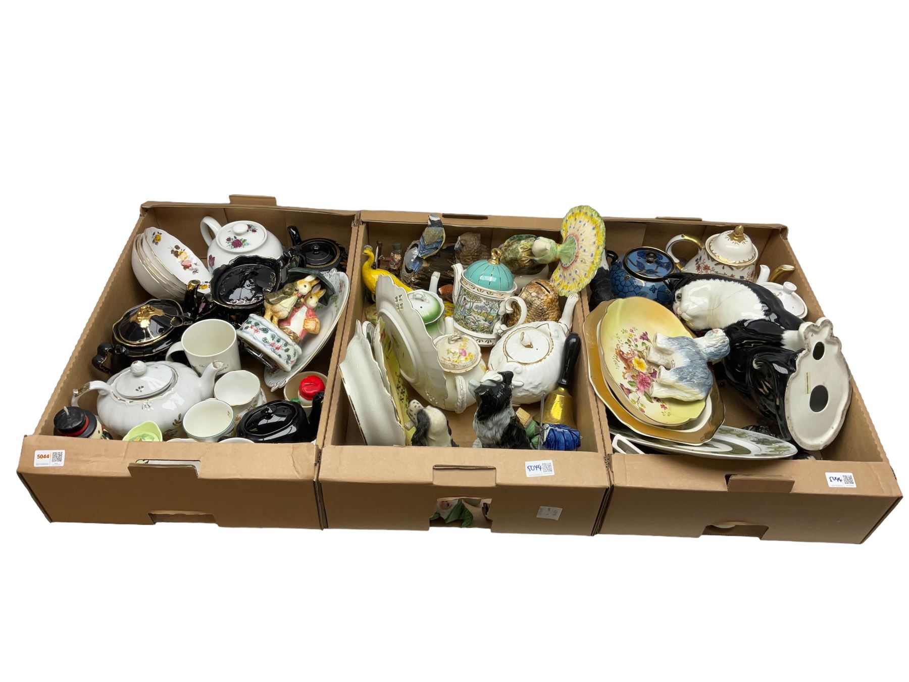 Large quantity of Victorian and later ceramics, to include teapots, Royal Worcester clock, Delft style, animal figures,  Sadler Shooting Scenes novelty teapot, commemorative ware, etc, three boxes