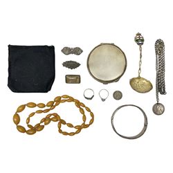 Silver compact with engine turned decoration by Turner & Simpson, Birmingham 1961, Victorian and later silver brooches, bangle, rings, spoon and chain and a amber type bead necklace