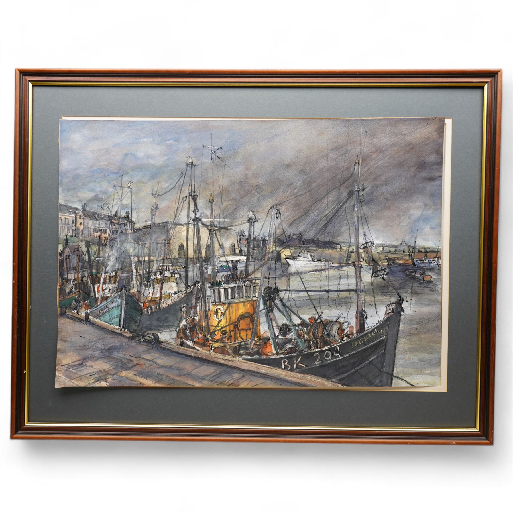 Richard Hobson (Newcastle 1945-2004): Trawlers at Berwick on Tweed, watercolour and ink signed and dated '85, 53cm x 76cm