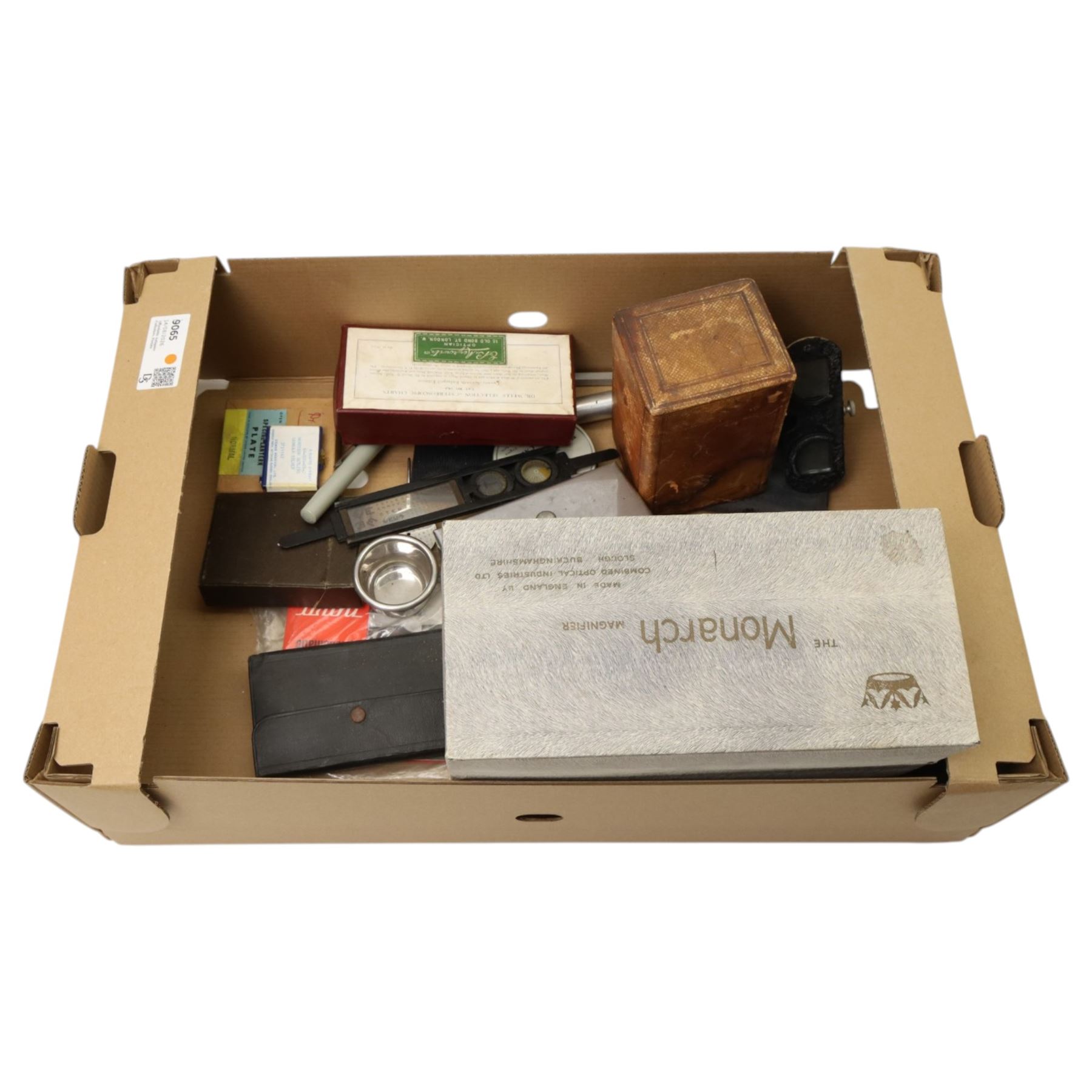 Carriage clock in brass and bevelled glass case and outer leather travelling case, stereo viewer, box of Dr Wells Stereoscopic Charts, large Monarch magnifying glass and other optical items