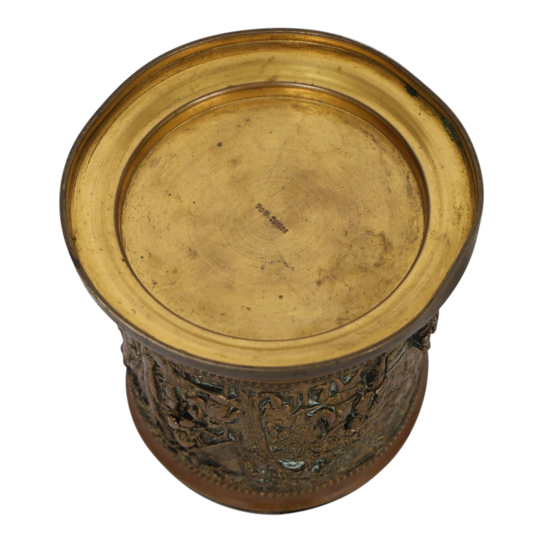 T & E of Paris, gilt bronzed white metal circular jar, decorated with high relief scenes after Tenniers, impressed mark beneath, H11cm