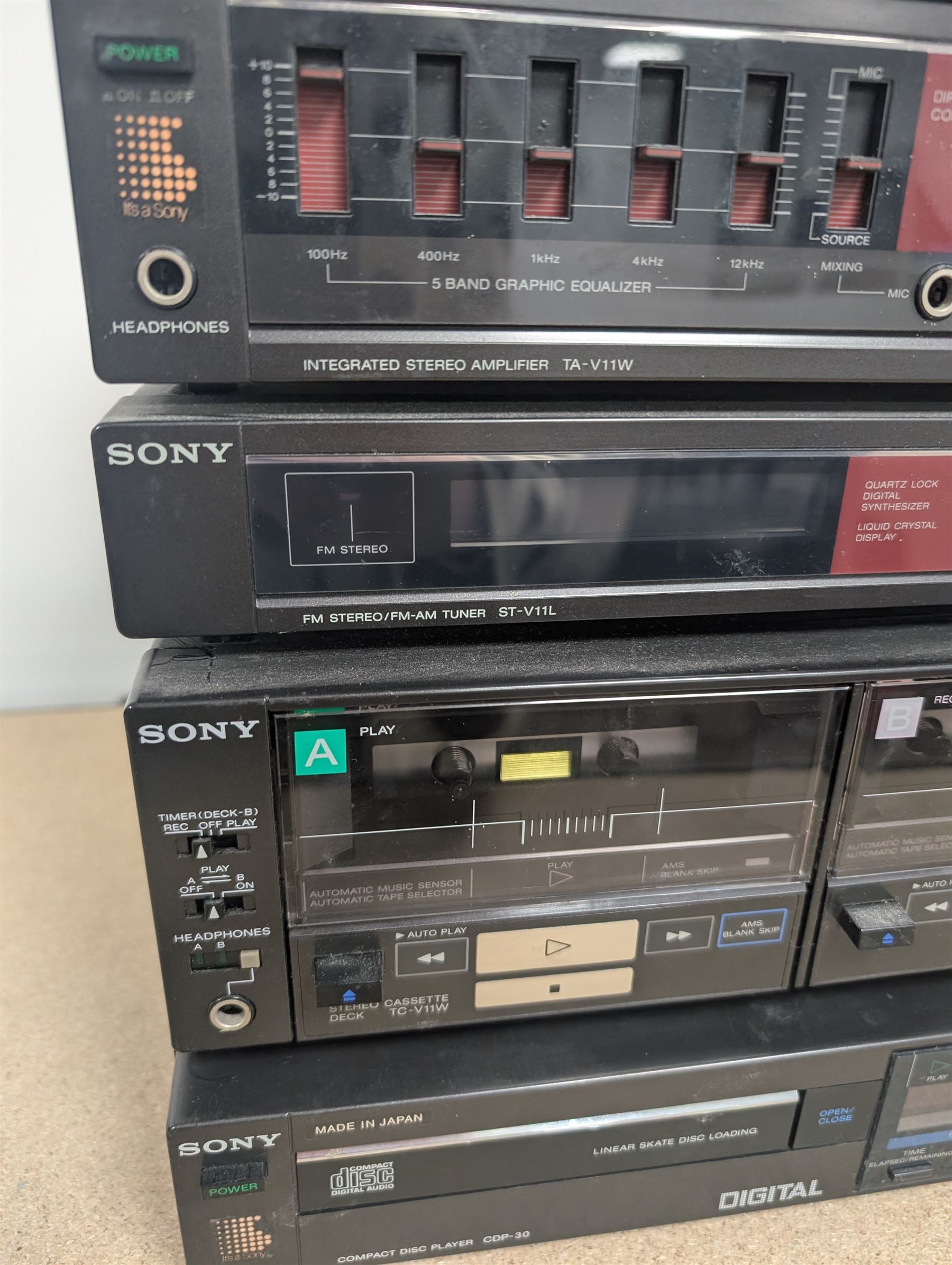 Sony HiFi system, comprising PS-LX330P Turntable, CDP-30 CD Player, TA-V11W Amplifier, ST-V11L FM-AM Tuner, TC-V11W Cassette Player and a pair of SS-V11 16cm 2Way Woofer Speakers