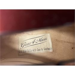 Gear4Music three-quarter sized cello with 70cm one-piece back and spruce top; bears maker's label; L112cm overall; in soft carrying case with Erich Steiner bow