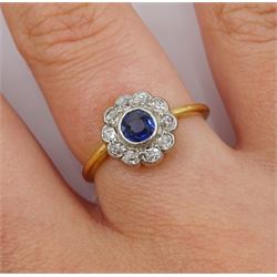 18ct gold round sapphire and old cut diamond cluster ring