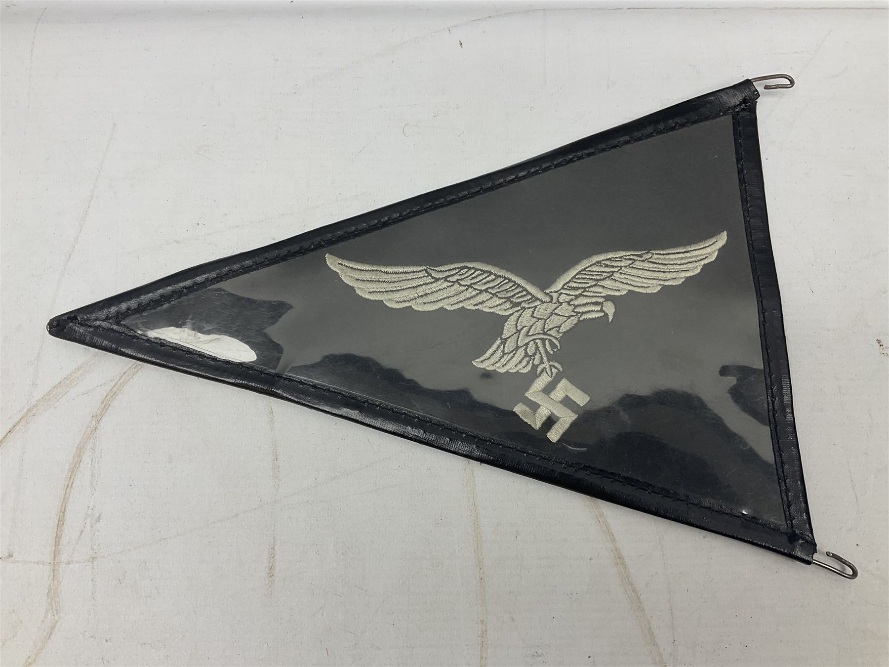 Pair of German winter snow boots, leather and felt with wooden soles; together with a replica WW2 German Luftwaffe car pennant (3)