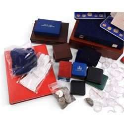 Large quantity of empty Royal Mint and Westminster coin cases, two part-filled First National Coinage of Barbados proof sets, pre-decimal coins, commemorative crowns, small group of ancient coins, Pobjoy Mint velvet bags, Hattons of London gloves, coin capsules, etc