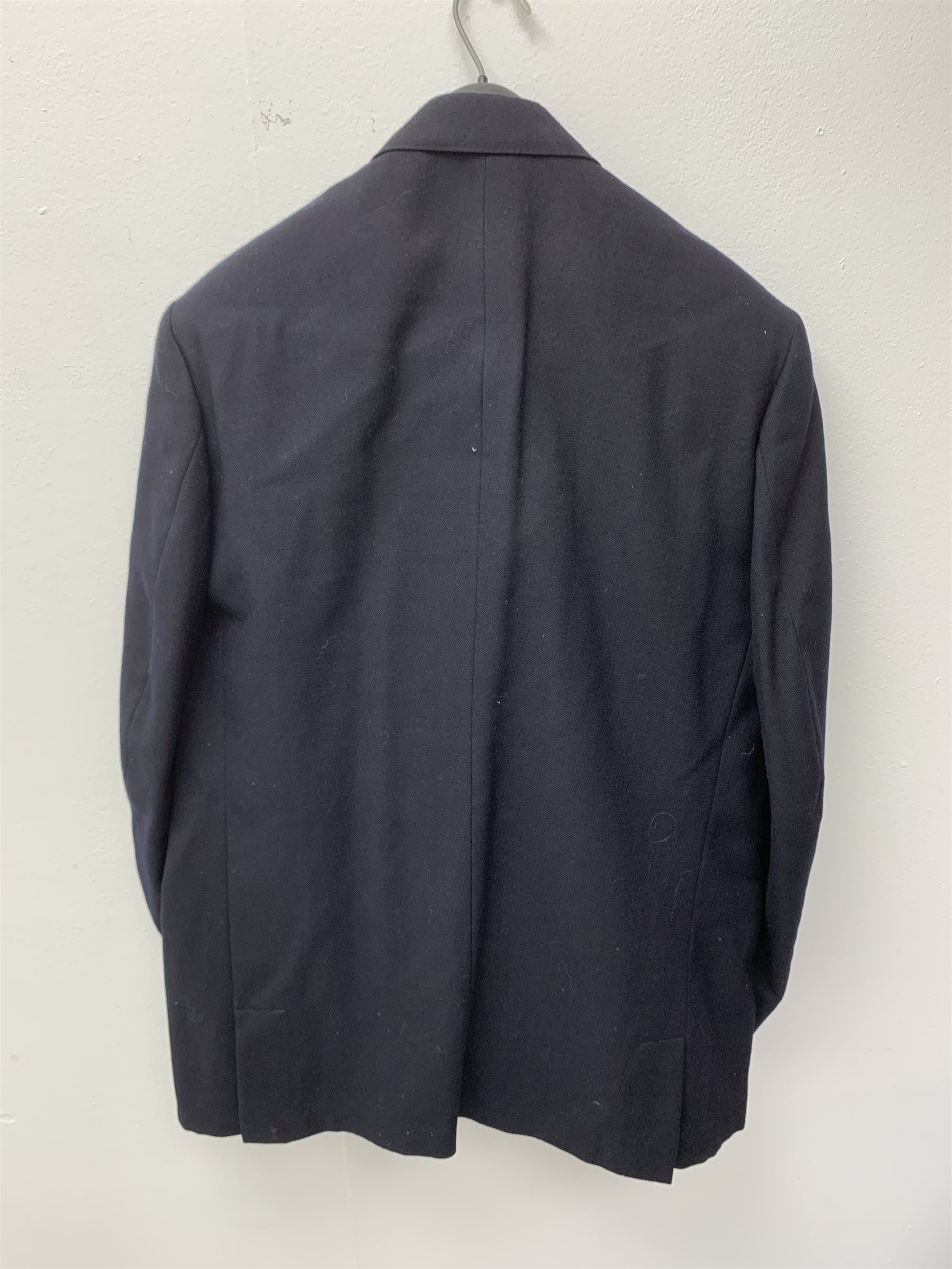 Scots Guards - set of five unframed annotated colour prints depicting the history of their uniform 1899 - 1958, each 20 x 36cm; together with regimental pullover, scarf, tie, shawl, double breasted blazer with Staybrite buttons and trousers