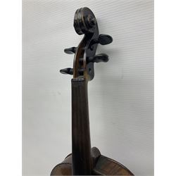 German violin c1890 with 36cm two-piece maple back and ribs and spruce top; bears label 'Antonius Stradivarius Cremona Faciebat Anno 1729' L59.5cm overall; in ebonised wooden 'coffin' case; and two German violins c1890 for completion - one bearing a Stradivarius label, the other a Ruggeri label; both in carrying cases (3)