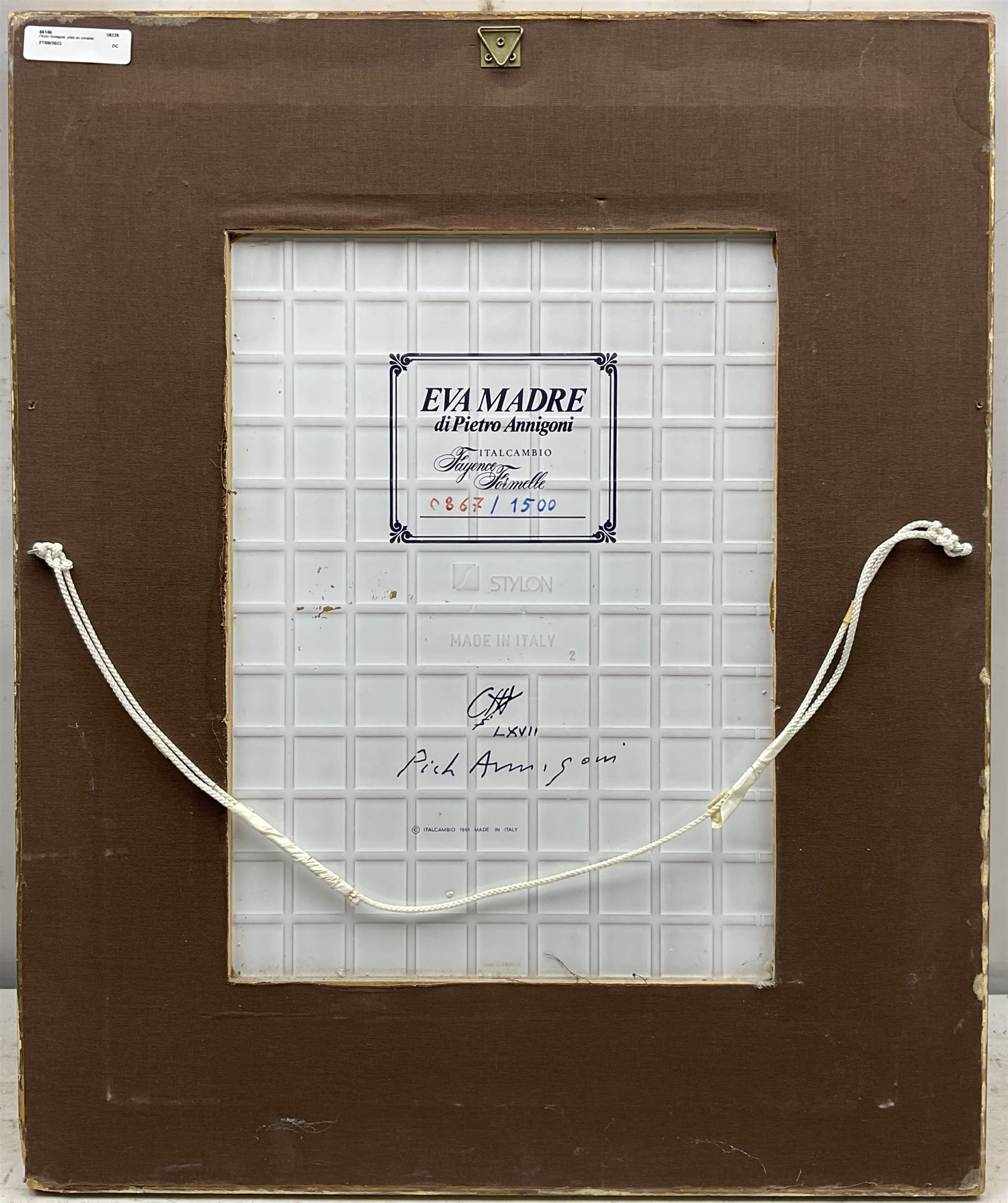 After Pietro Annigoni OMRI (Italian 1910-1988): 'Eva Madre', limited edition print on ceramic no.867/1500, 41cm x 30cm, with certificate of authenticity