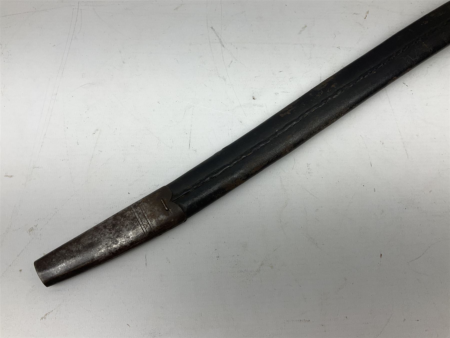 19th century Bayonet with 58cm fullered Yataghan shaped blade, stamped with anchor mark, with leather scabbard