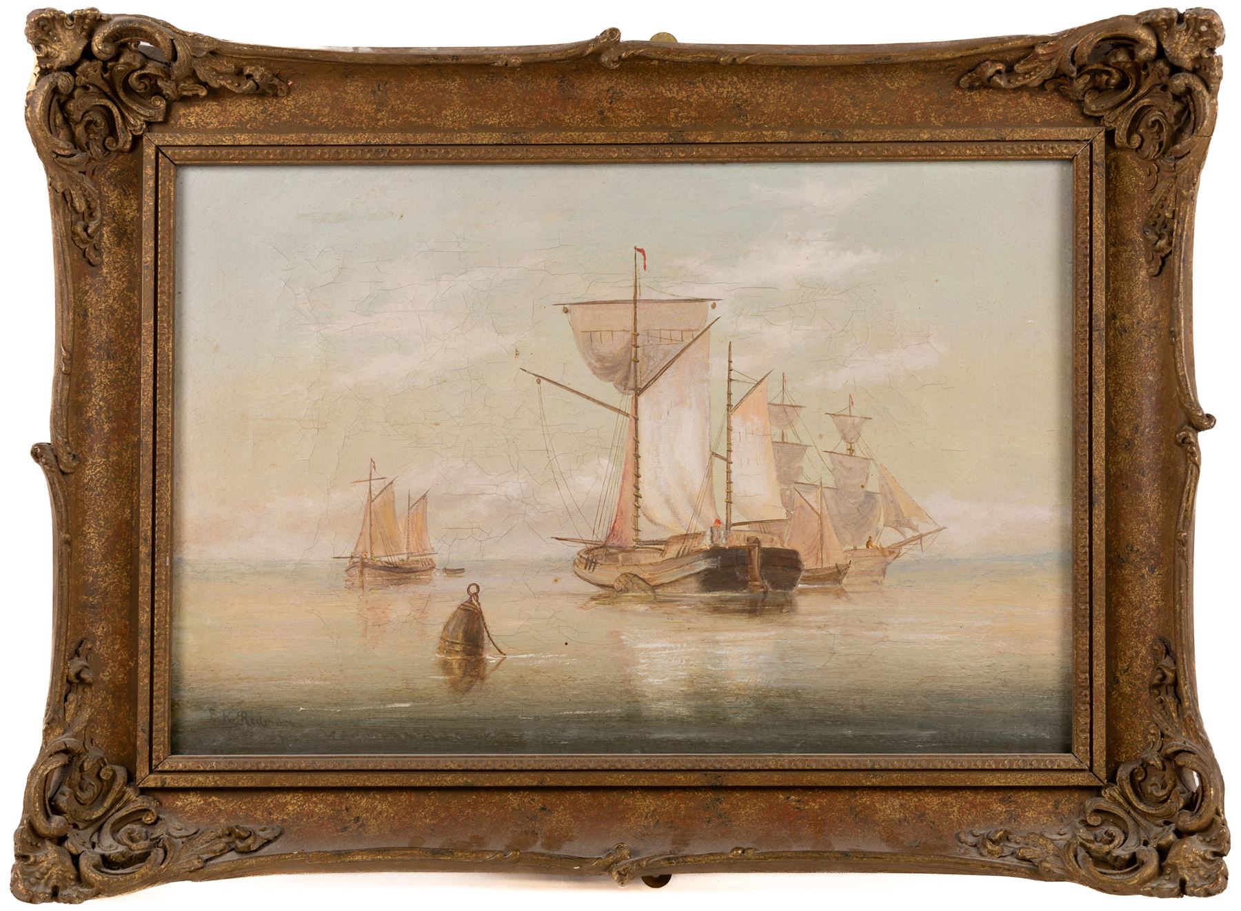 Edward King Redmore (British 1860-1941): Boats Sailing at Sunset, oil on canvas signed in gilt frame 37cm x 47cm